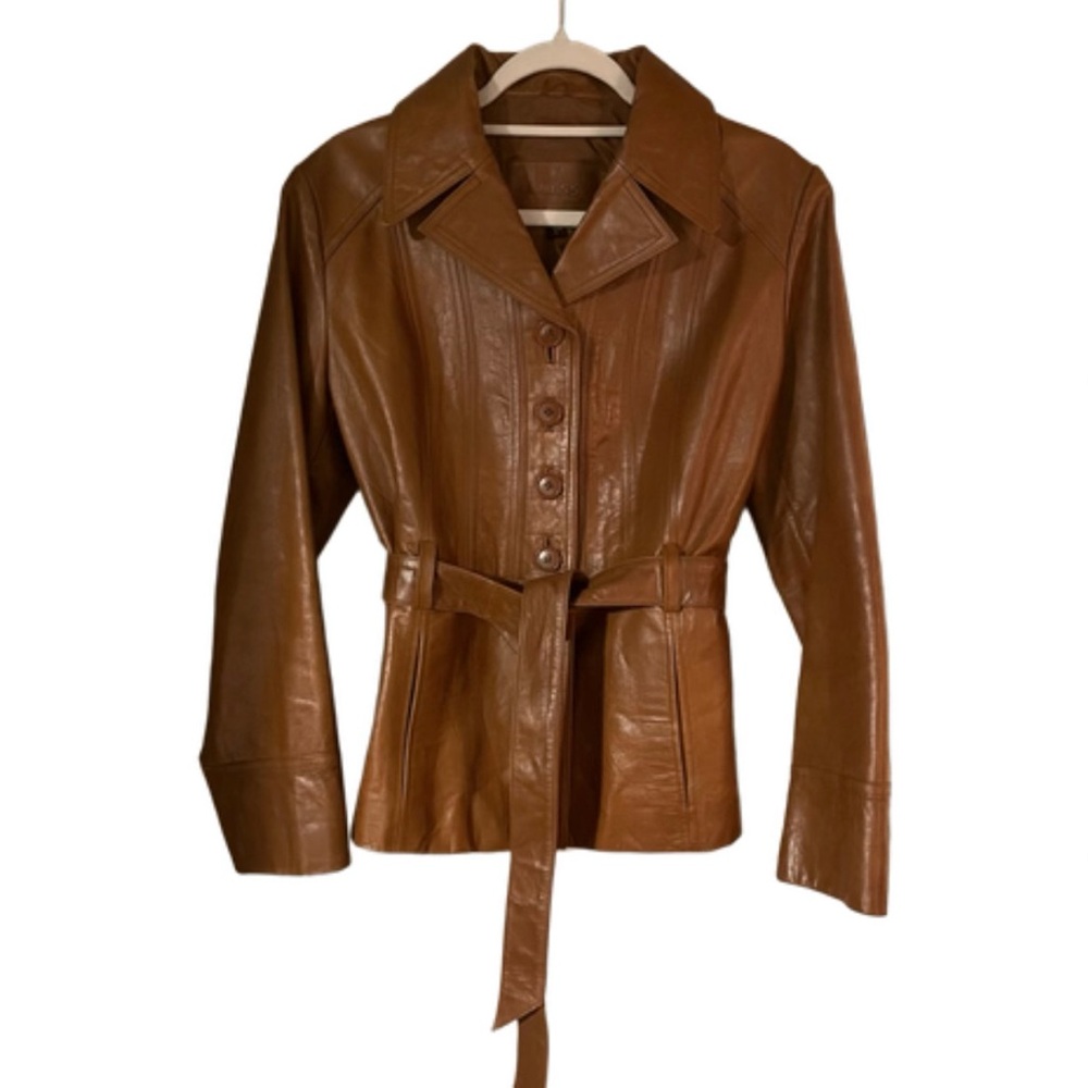 Guess Women's Brown Leather Button-Front Jacket with Waist Tie